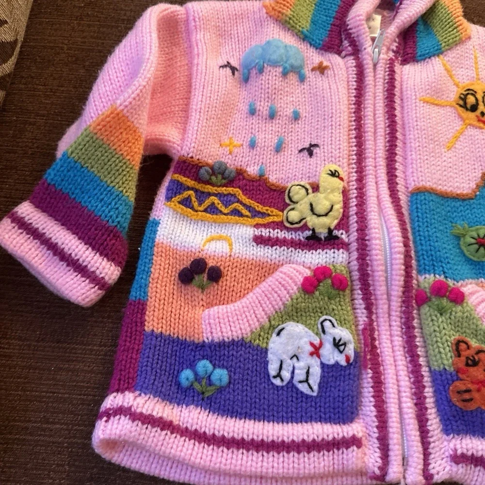 Handmade Peruvian Knit Zip Hoodie Kids 2T Multicolor Animal Landscape Sweater